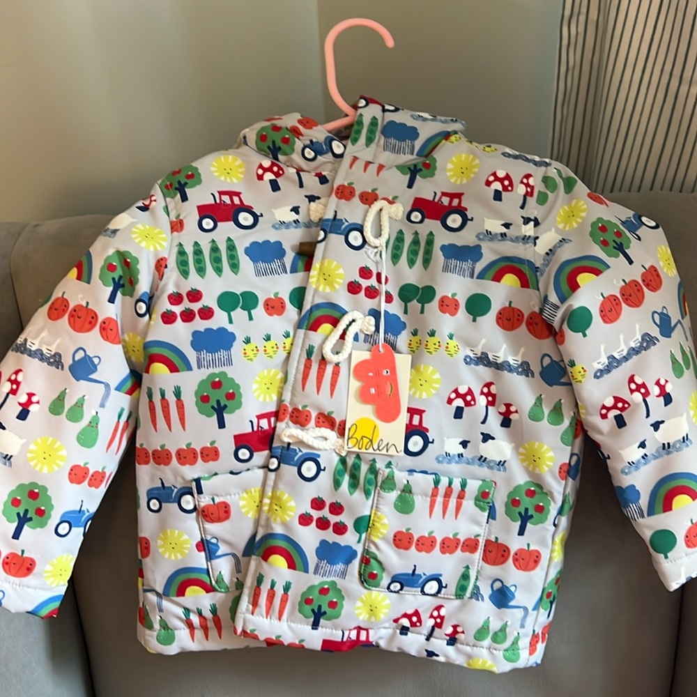 Mini Boden Colorful Farm Print Puffer Jacket